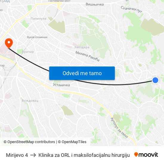 Mirijevo 4 to Klinika za ORL i maksilofacijalnu hirurgiju map