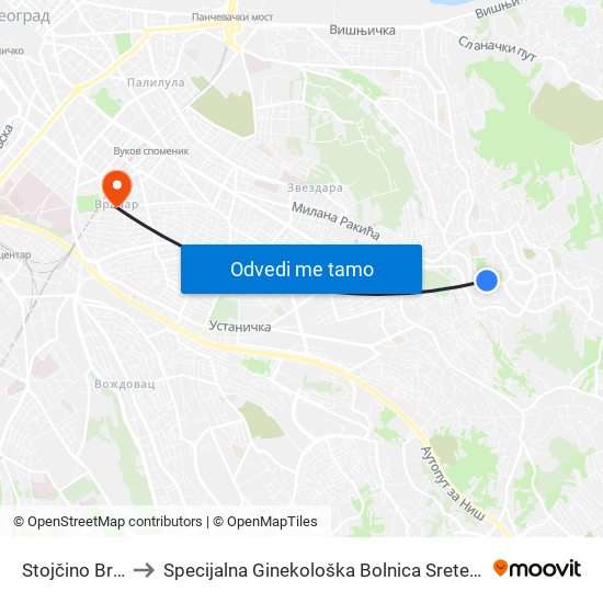 Stojčino Brdo to Specijalna Ginekološka Bolnica Sretenović map