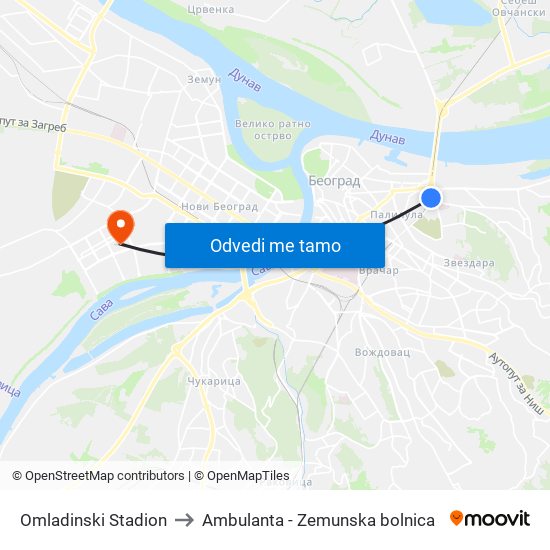 Omladinski Stadion to Ambulanta - Zemunska bolnica map