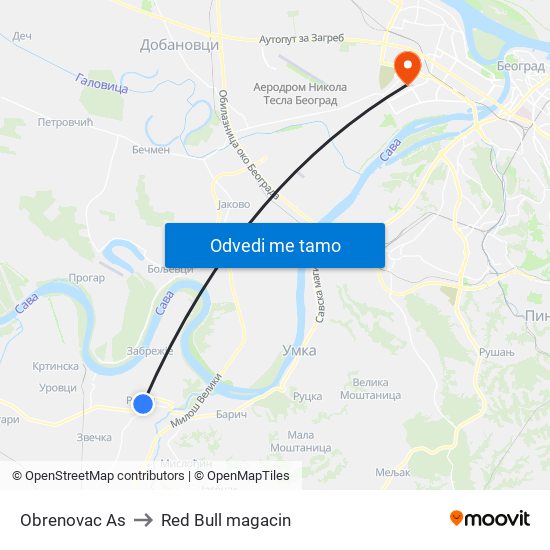 Obrenovac Аs to Red Bull magacin map