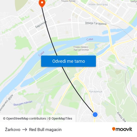 Žarkovo to Red Bull magacin map