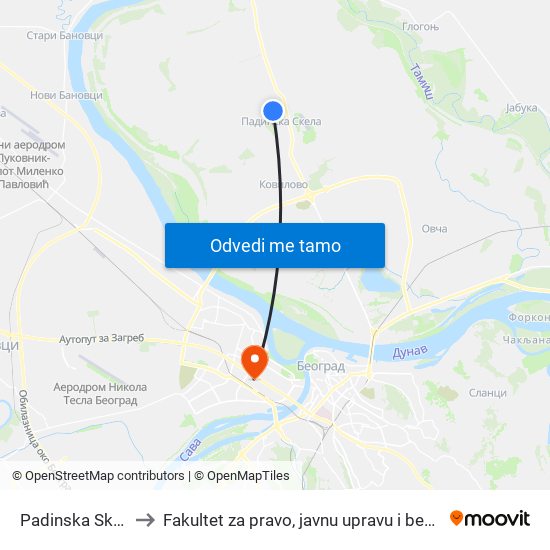 Padinska Skela 1 to Fakultet za pravo, javnu upravu i bezbednost map