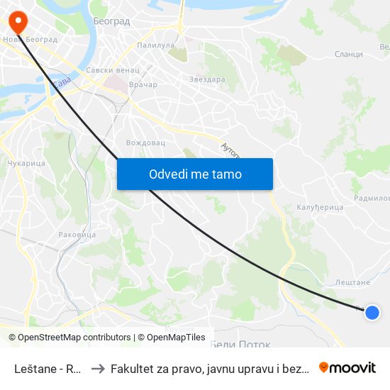 Leštane - Ravan to Fakultet za pravo, javnu upravu i bezbednost map