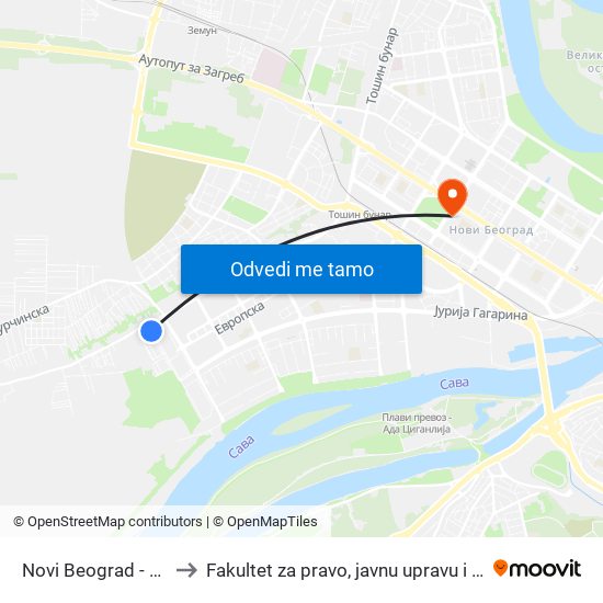 Novi Beograd - Blok 72 to Fakultet za pravo, javnu upravu i bezbednost map