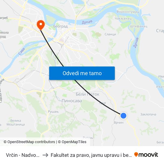 Vrčin - Nadvožnjak to Fakultet za pravo, javnu upravu i bezbednost map