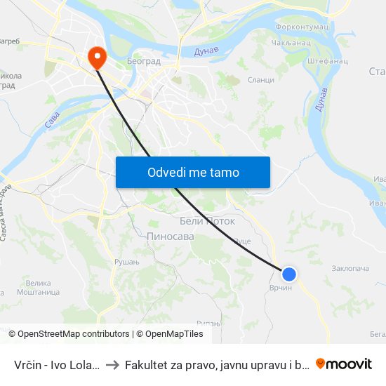 Vrčin - Ivo Lola Ribar to Fakultet za pravo, javnu upravu i bezbednost map