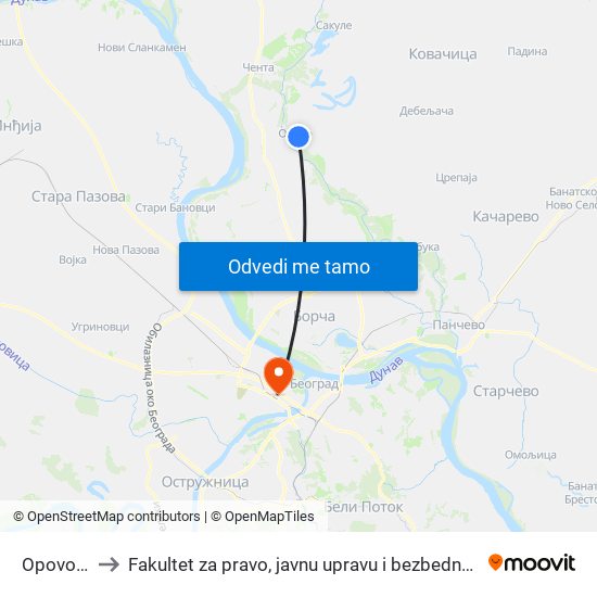 Opovo 1 to Fakultet za pravo, javnu upravu i bezbednost map