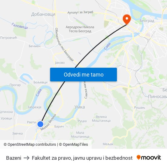 Bazeni to Fakultet za pravo, javnu upravu i bezbednost map