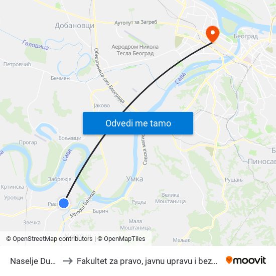 Naselje Dudovi to Fakultet za pravo, javnu upravu i bezbednost map