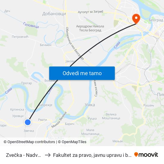 Zvečka - Nadvožnjak to Fakultet za pravo, javnu upravu i bezbednost map