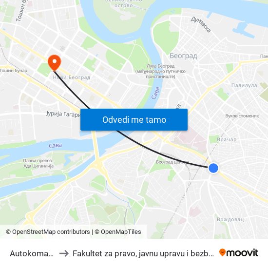 Autokomanda to Fakultet za pravo, javnu upravu i bezbednost map