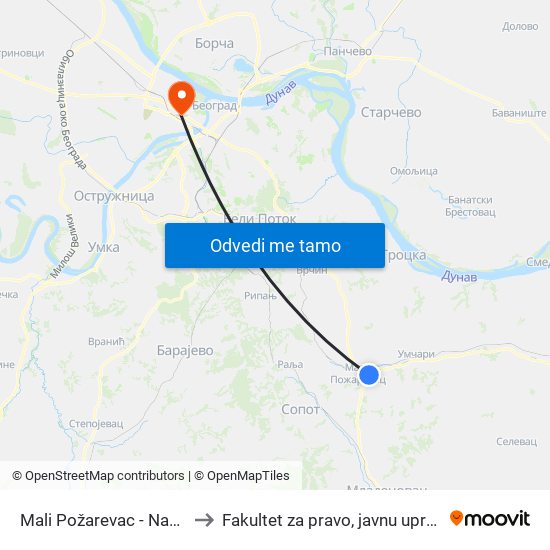 Mali Požarevac - Naplatna Rampa to Fakultet za pravo, javnu upravu i bezbednost map