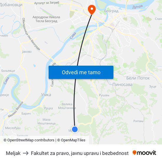 Meljak to Fakultet za pravo, javnu upravu i bezbednost map