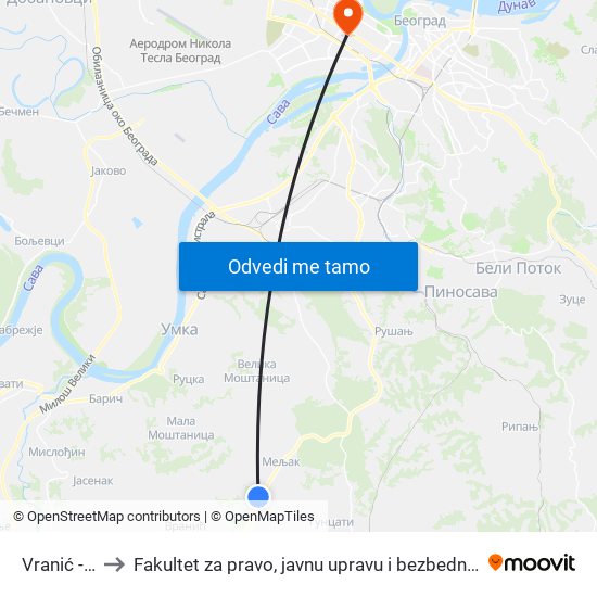 Vranić - R to Fakultet za pravo, javnu upravu i bezbednost map