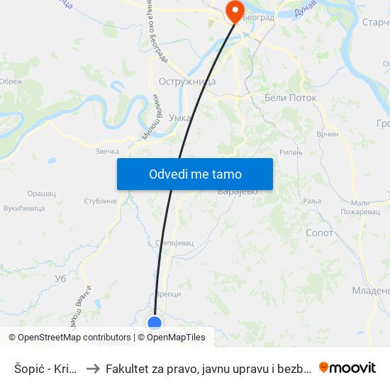 Šopić - Krivaja to Fakultet za pravo, javnu upravu i bezbednost map