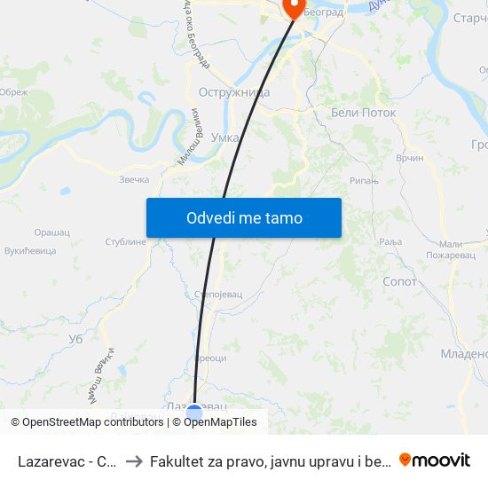 Lazarevac - Centar to Fakultet za pravo, javnu upravu i bezbednost map