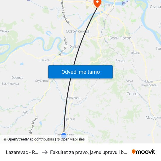 Lazarevac - Rampa to Fakultet za pravo, javnu upravu i bezbednost map