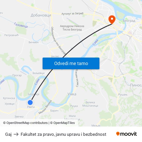 Gaj to Fakultet za pravo, javnu upravu i bezbednost map