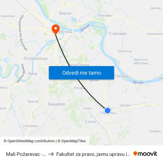 Mali Požarevac - Centar to Fakultet za pravo, javnu upravu i bezbednost map