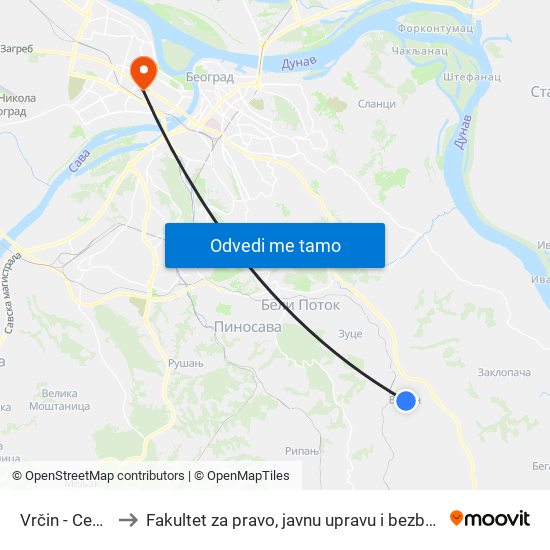 Vrčin - Centar to Fakultet za pravo, javnu upravu i bezbednost map