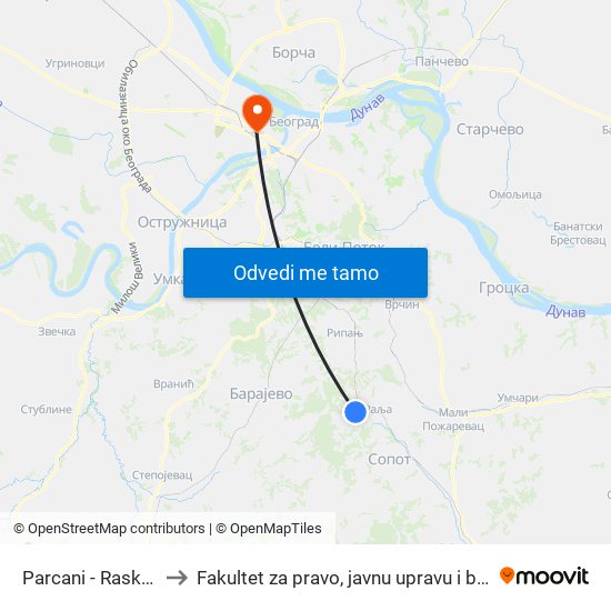 Parcani - Raskrsnica to Fakultet za pravo, javnu upravu i bezbednost map