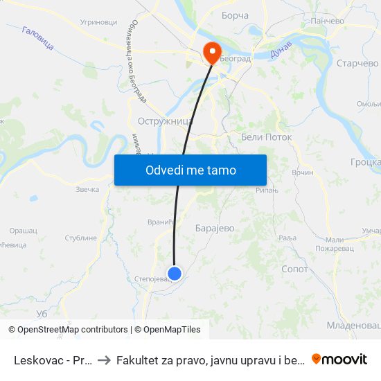 Leskovac - Prljuša to Fakultet za pravo, javnu upravu i bezbednost map