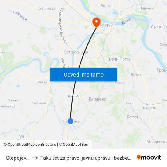 Stepojevac to Fakultet za pravo, javnu upravu i bezbednost map