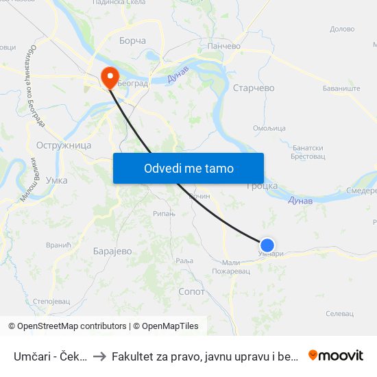 Umčari - Čekerac to Fakultet za pravo, javnu upravu i bezbednost map