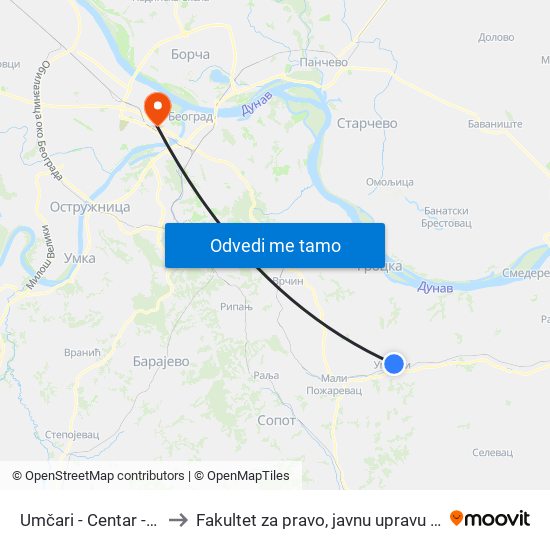 Umčari - Centar - Dolazna to Fakultet za pravo, javnu upravu i bezbednost map