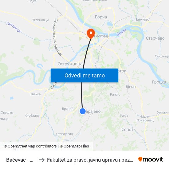 Baćevac - Dom to Fakultet za pravo, javnu upravu i bezbednost map