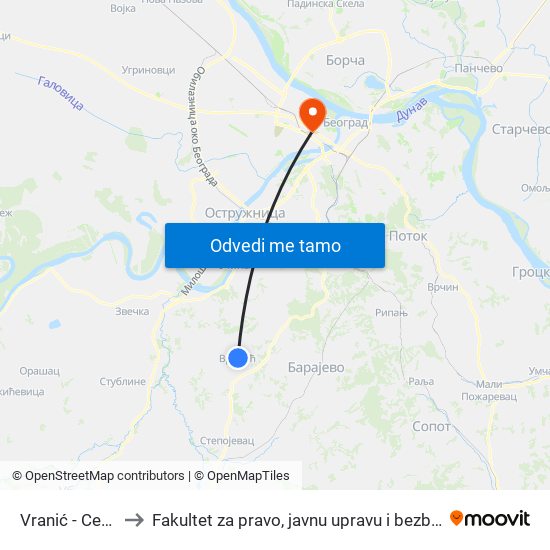 Vranić - Centar to Fakultet za pravo, javnu upravu i bezbednost map