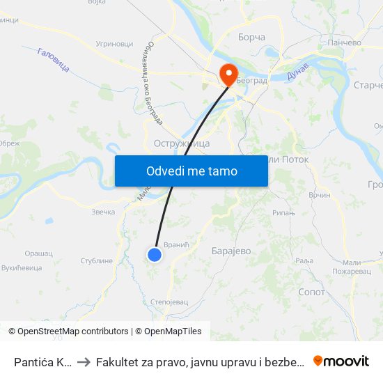 Pantića Kraj to Fakultet za pravo, javnu upravu i bezbednost map