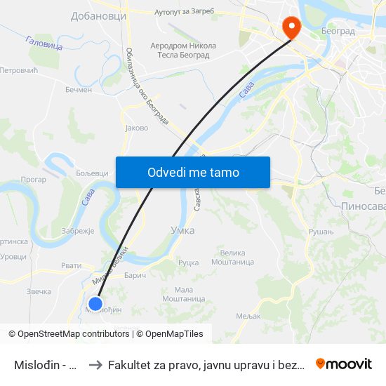 Mislođin - Dom to Fakultet za pravo, javnu upravu i bezbednost map