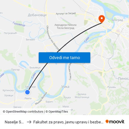 Naselje Sava to Fakultet za pravo, javnu upravu i bezbednost map