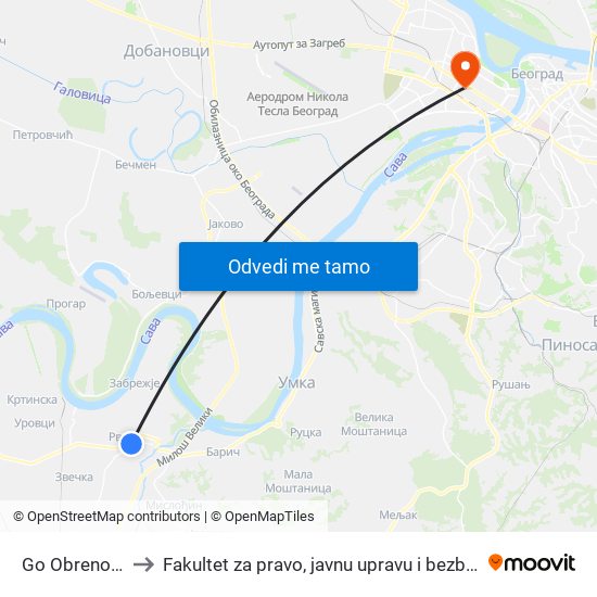 Go Obrenovac to Fakultet za pravo, javnu upravu i bezbednost map