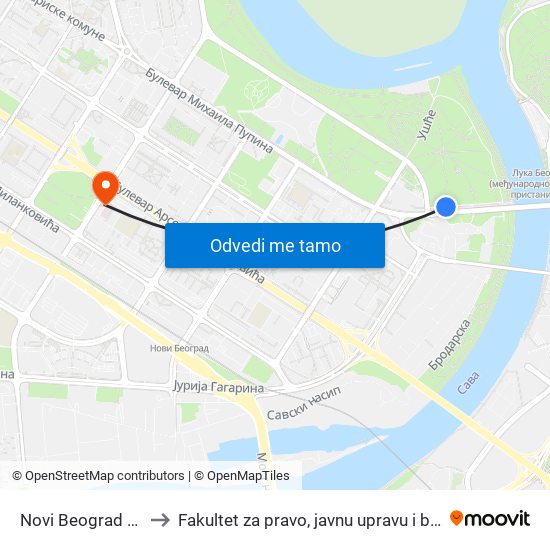 Novi Beograd - Ušće to Fakultet za pravo, javnu upravu i bezbednost map