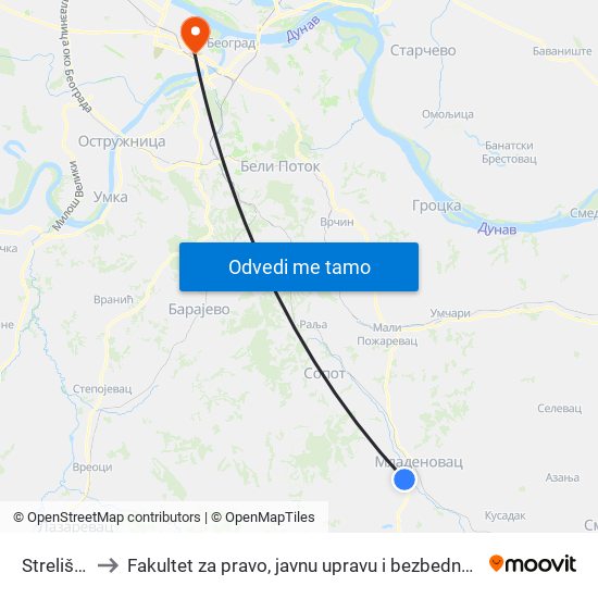 Strelište to Fakultet za pravo, javnu upravu i bezbednost map