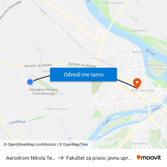 Aerodrom Nikola Tesla - Dolasci to Fakultet za pravo, javnu upravu i bezbednost map