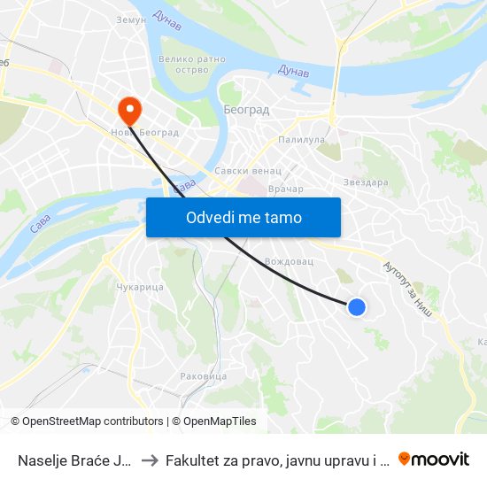 Naselje Braće Jerković to Fakultet za pravo, javnu upravu i bezbednost map