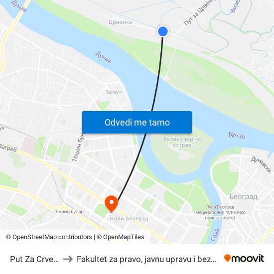 Put Za Crvenku to Fakultet za pravo, javnu upravu i bezbednost map