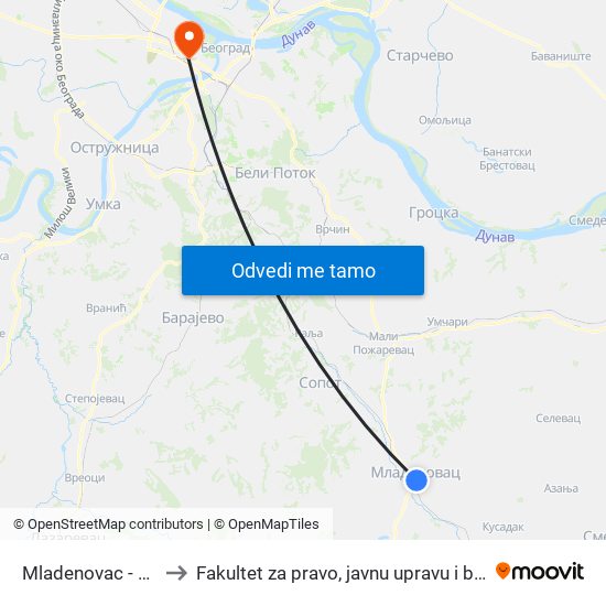 Mladenovac - Centar to Fakultet za pravo, javnu upravu i bezbednost map