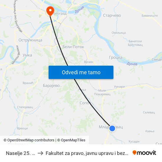 Naselje 25. Maj to Fakultet za pravo, javnu upravu i bezbednost map