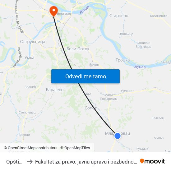 Opština to Fakultet za pravo, javnu upravu i bezbednost map