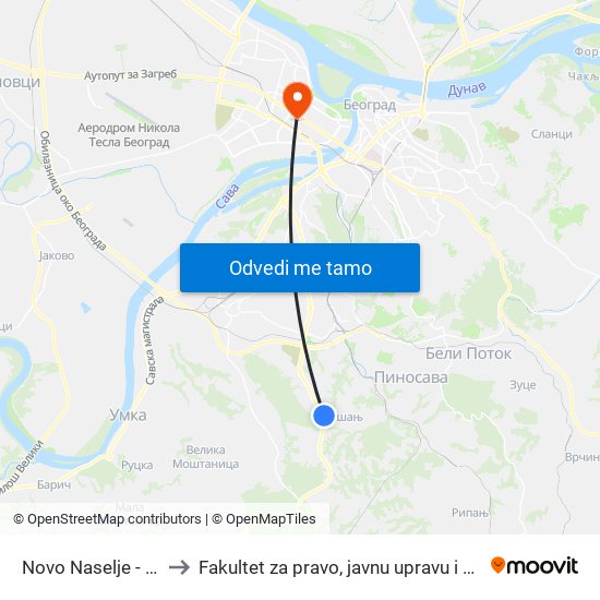 Novo Naselje - Rušanj to Fakultet za pravo, javnu upravu i bezbednost map