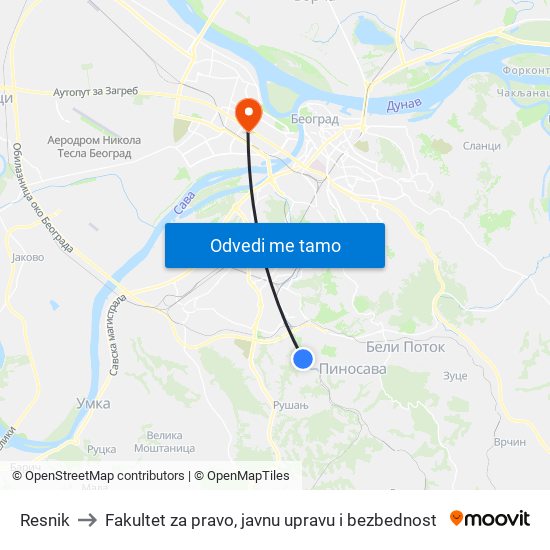 Resnik to Fakultet za pravo, javnu upravu i bezbednost map