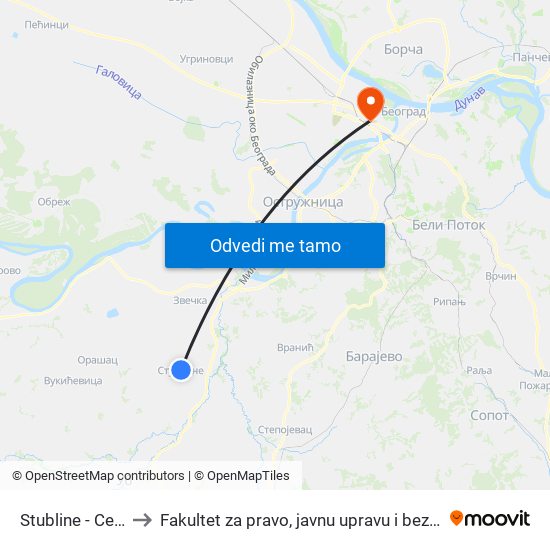 Stubline - Centar to Fakultet za pravo, javnu upravu i bezbednost map