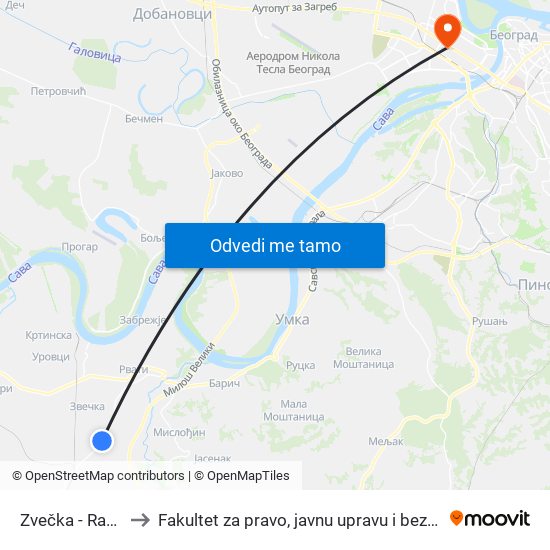 Zvečka - Rampa to Fakultet za pravo, javnu upravu i bezbednost map