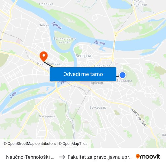 Naučno-Tehnološki Park Zvezdara to Fakultet za pravo, javnu upravu i bezbednost map