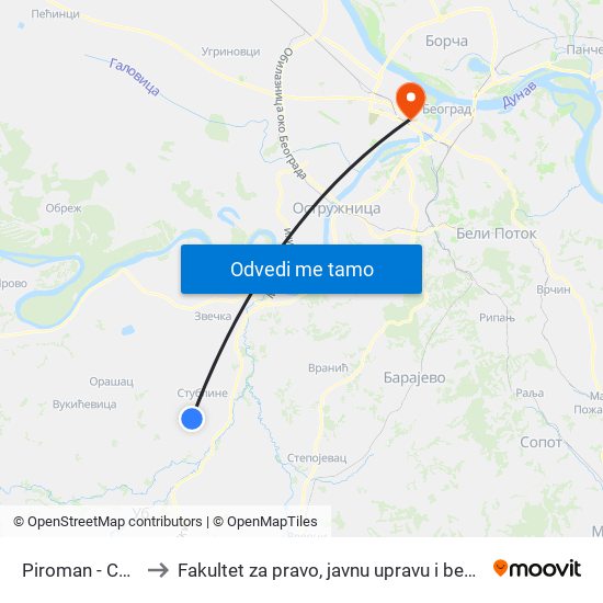 Piroman - Centar to Fakultet za pravo, javnu upravu i bezbednost map