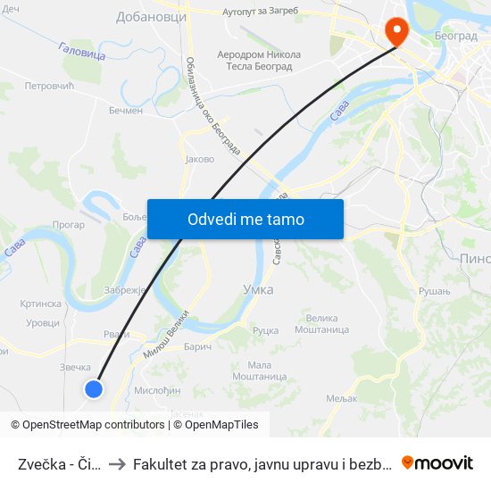 Zvečka - Čivija to Fakultet za pravo, javnu upravu i bezbednost map